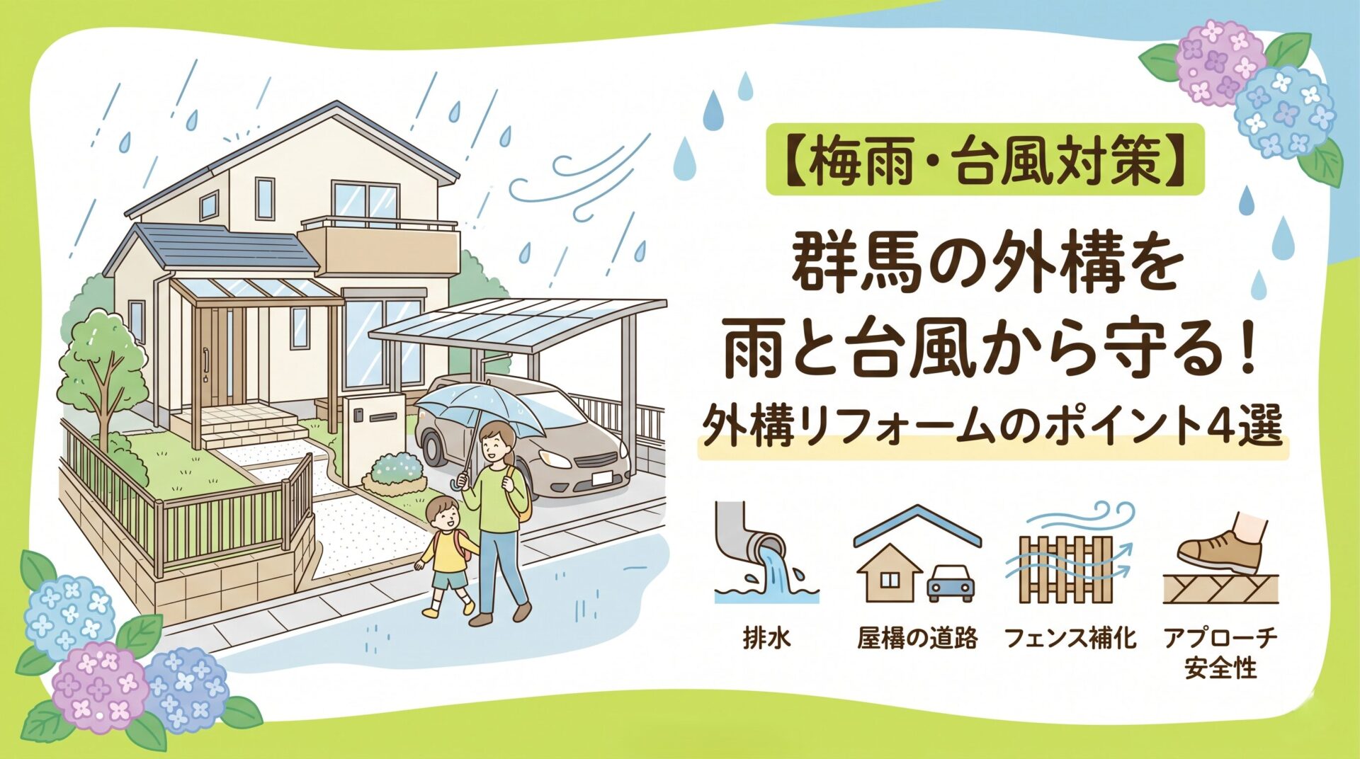 【梅雨・台風対策】群馬の外構を雨と台風から守る！外構リフォームのポイント4選 アイチャッチ
